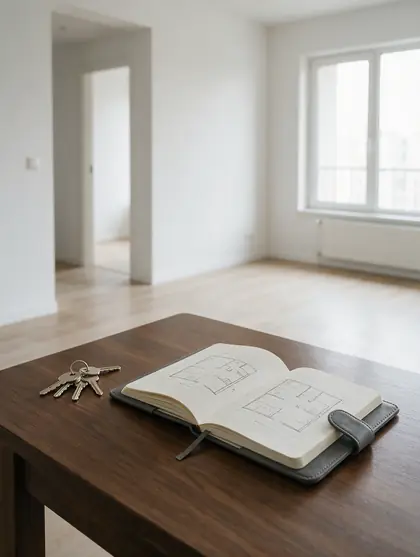 Clés et carnet avec un plan dessiné sur une table, dans un appartement vide