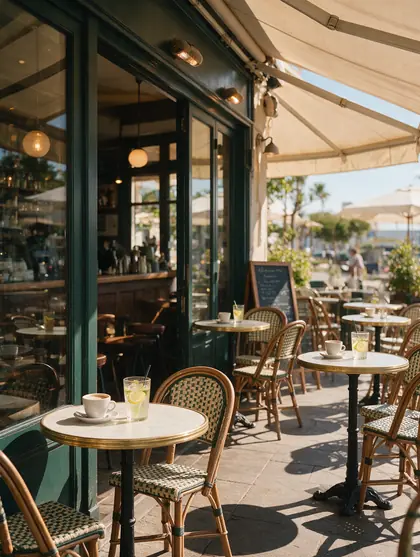 Terrasse de café ensoleillée avec petites tables rondes, tasses de café et citronnades
