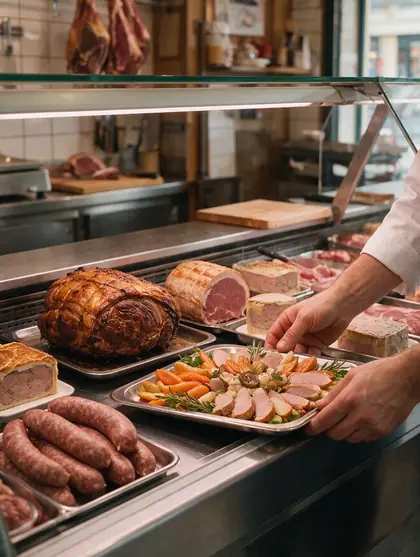 Vitrine de boucherie avec rôtis, saucisses, terrines et un plateau de fête