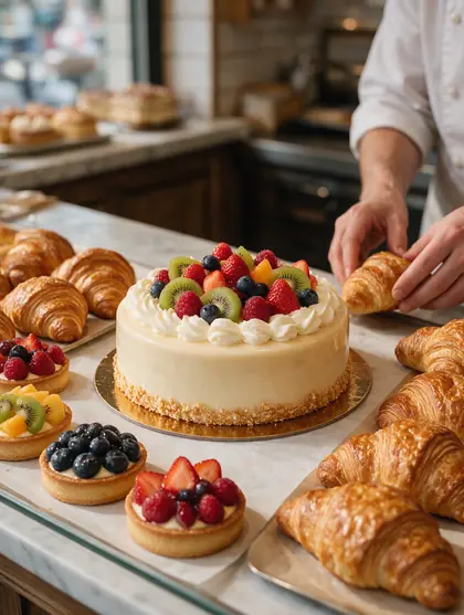Vitrine de boulangerie avec tartes aux fruits, croissants et gâteau de fête