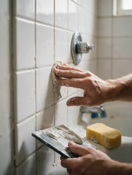 Mains d'un carreleur qui fait les joints d'une faïence blanche