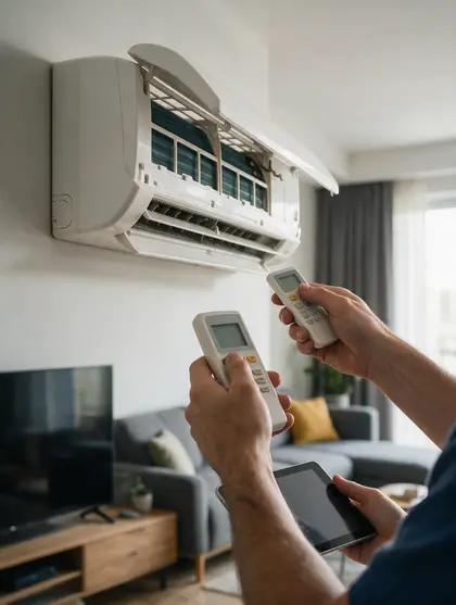 Mains d'un technicien qui contrôle un climatiseur mural avec une tablette