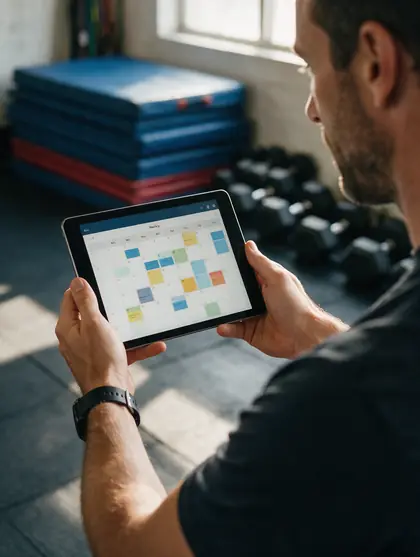 Coach qui tient une tablette avec le calendrier des séances de la semaine, tapis et haltères derrière