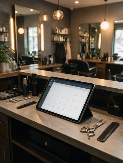 Accueil d'un salon de coiffure avec une tablette qui affiche l'agenda