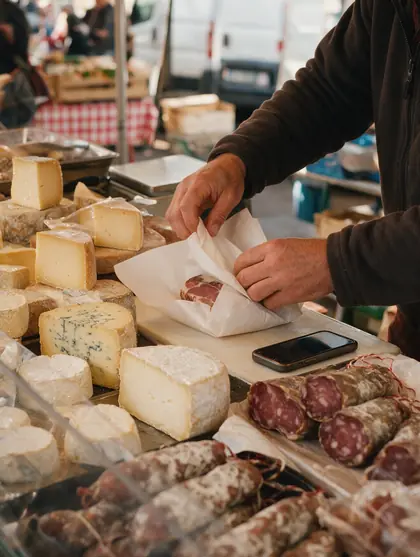 Mains d'un fromager qui emballe une commande au papier sur son stand de marché