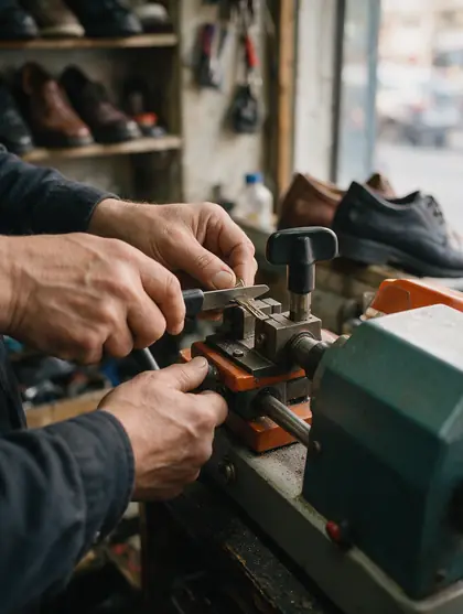 Mains d'un cordonnier qui taillent une clé sur une machine à reproduire les clés
