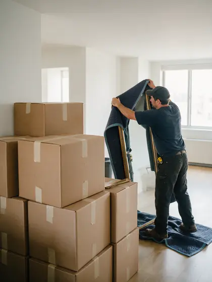 Cartons bien empilés dans un appartement vide, un déménageur protège un miroir