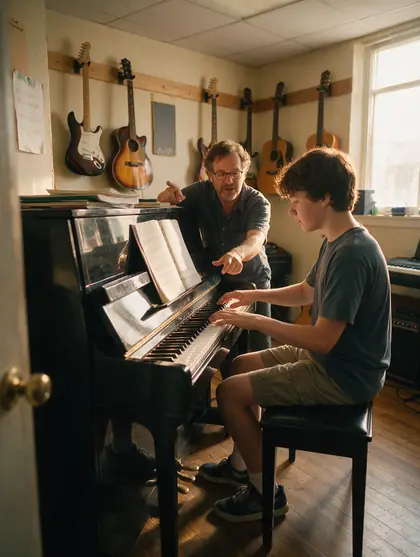 Professeur de musique qui donne un cours de piano à un adolescent, guitares au mur