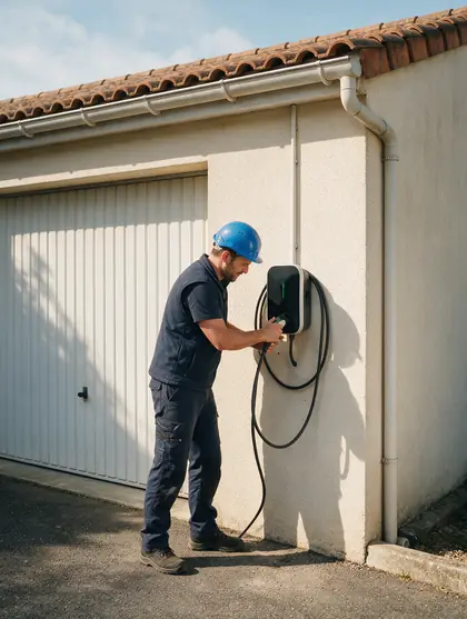 Électricien qui installe une borne de recharge sur le mur d'un garage