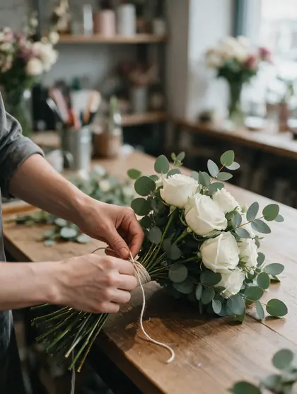 Mains d'une fleuriste qui nouent un bouquet de mariée de roses blanches et d'eucalyptus
