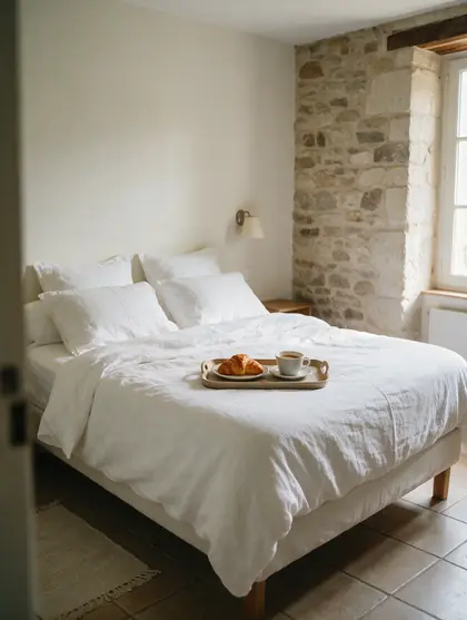 Chambre d'hôtes avec mur en pierre et plateau de petit-déjeuner sur le lit