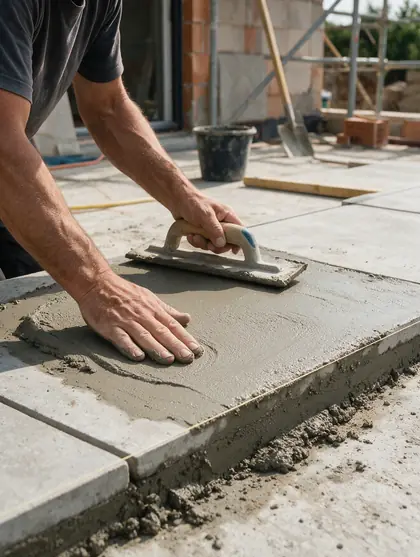 Mains d'un maçon qui lisse une dalle de béton frais