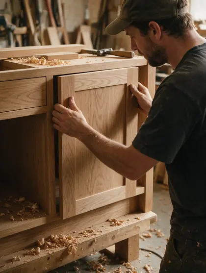 Menuisier qui ajuste une porte de cuisine en chêne dans son atelier