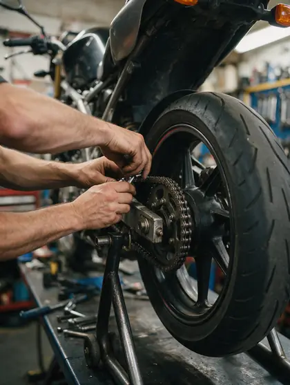 Mains d'un mécanicien qui règlent la chaîne d'une moto sur une béquille d'atelier