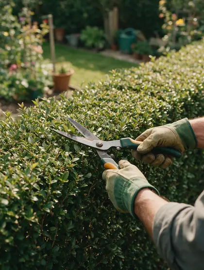 Mains gantées d'un jardinier qui taille une haie au sécateur