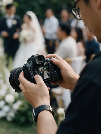 Mains d'un photographe qui regarde ses photos sur l'écran de l'appareil, pendant un mariage