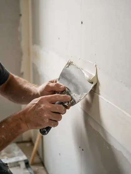 Mains d'un plâtrier qui applique de l'enduit sur une plaque de plâtre