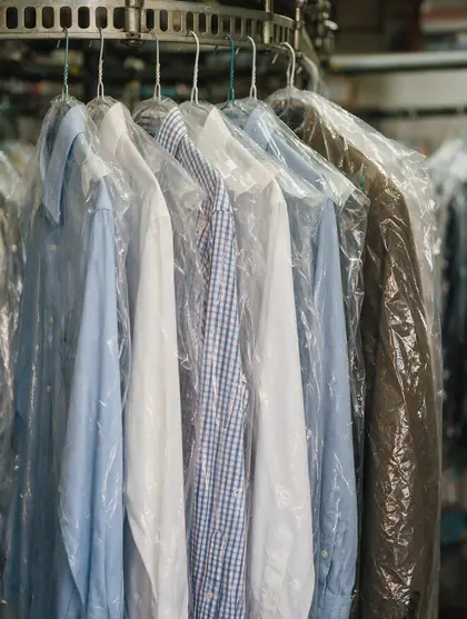 Chemises et manteau nettoyés sur cintres, sous housse, avec un ticket numéroté