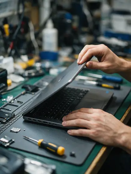 Mains d'un technicien qui ouvrent un ordinateur portable sur un tapis antistatique