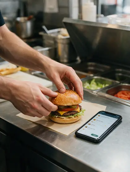 Mains qui assemblent un burger sur un plan de travail, un téléphone affiche les commandes