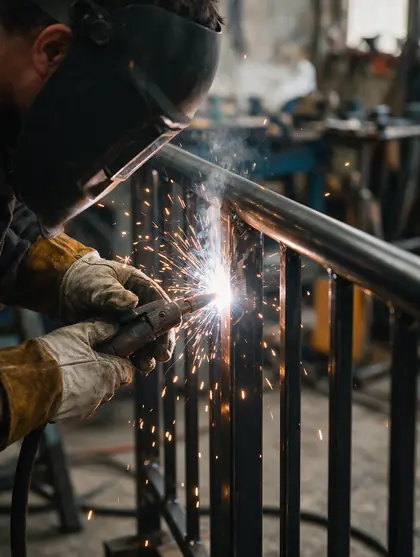 Métallier qui soude un garde-corps en acier noir dans son atelier, gerbe d'étincelles