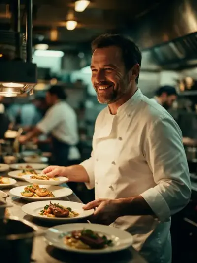 Chef souriant au passe pendant le service