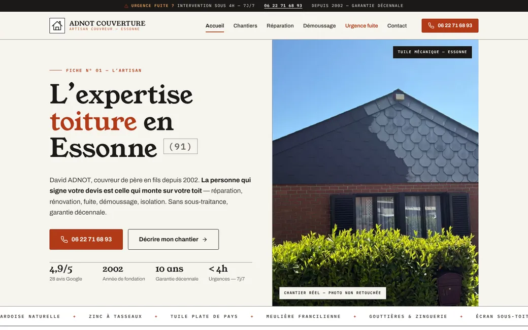 Page d'accueil de la refonte du site ADNOT Couverture, couvreur en Essonne, réalisée par LMD